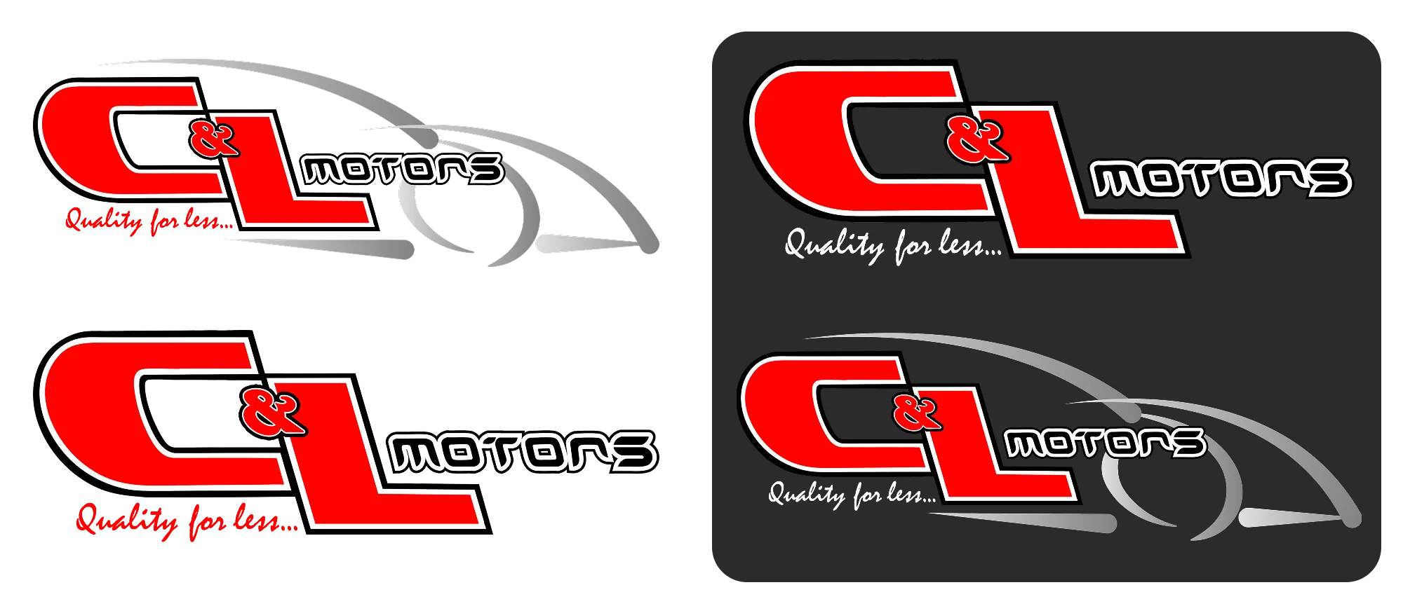 Four final versions of the C and L Motors logo displayed on light and dark backgrounds to demonstrate brand versatility and the clean, automotive-inspired silhouette.